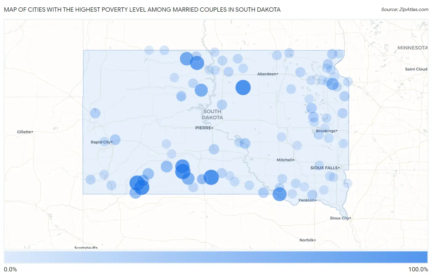 Cities with the Highest Poverty Level Among Married Couples in South Dakota Map
