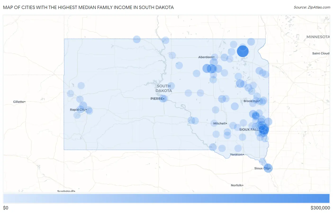 Cities with the Highest Median Family Income in South Dakota Map