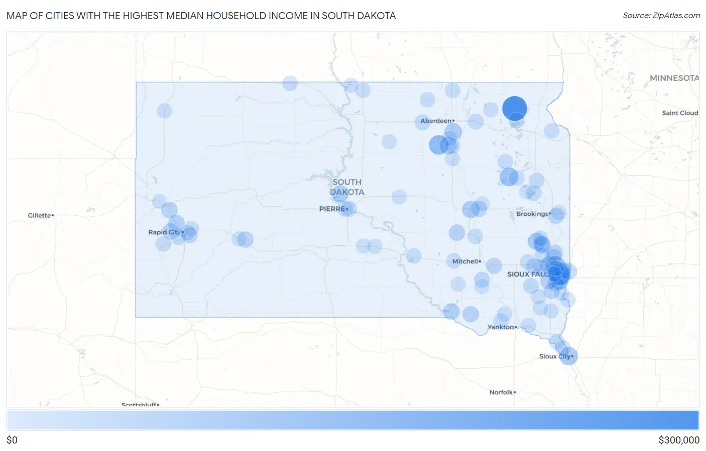 Cities with the Highest Median Household Income in South Dakota Map