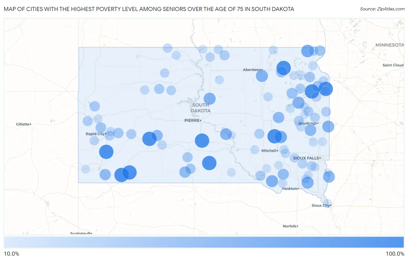 Cities with the Highest Poverty Level Among Seniors Over the Age of 75 in South Dakota Map
