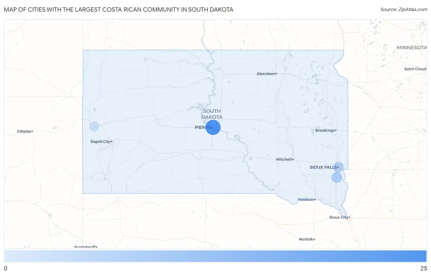 Cities with the Largest Costa Rican Community in South Dakota Map