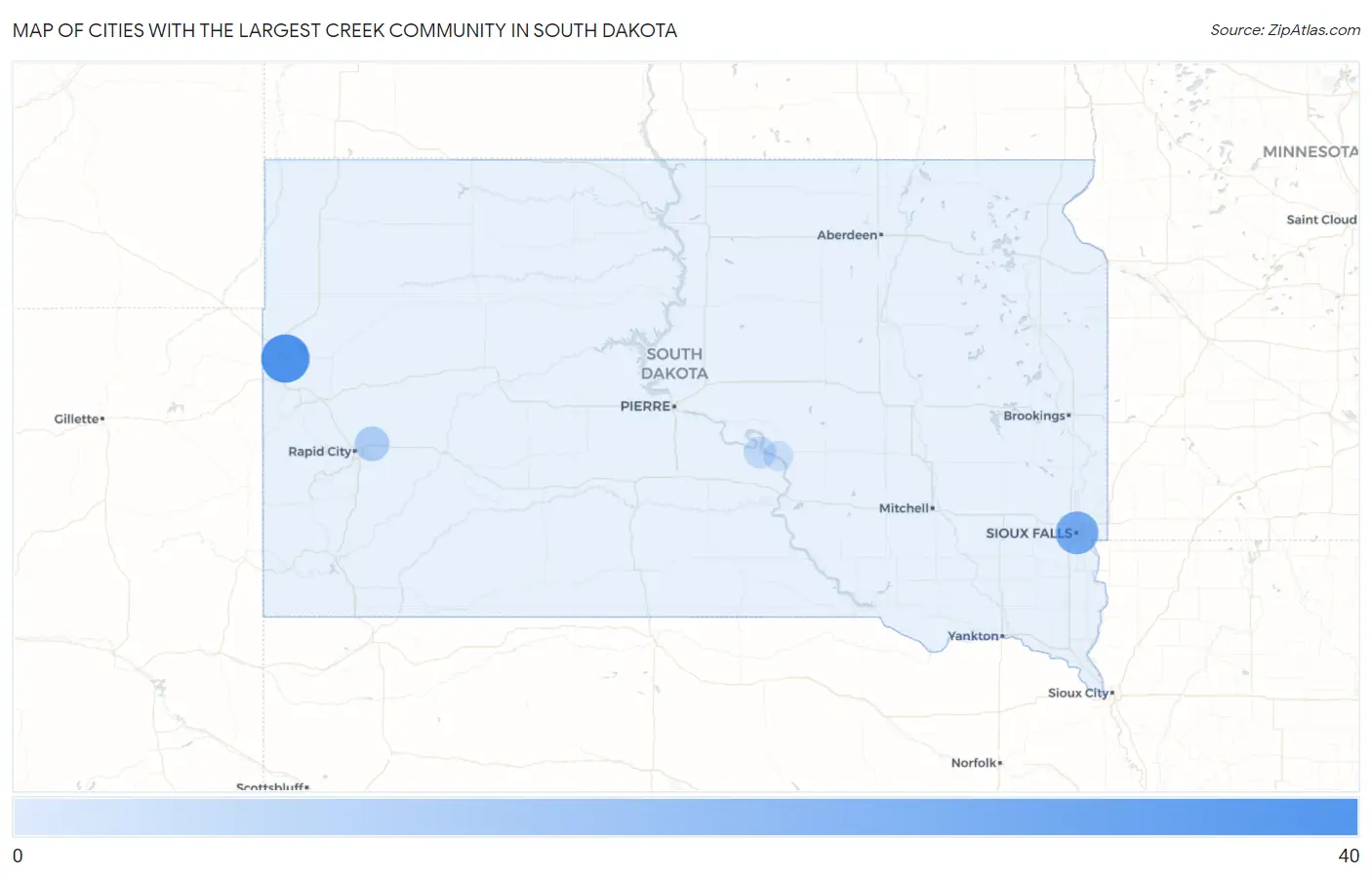 Cities with the Largest Creek Community in South Dakota Map