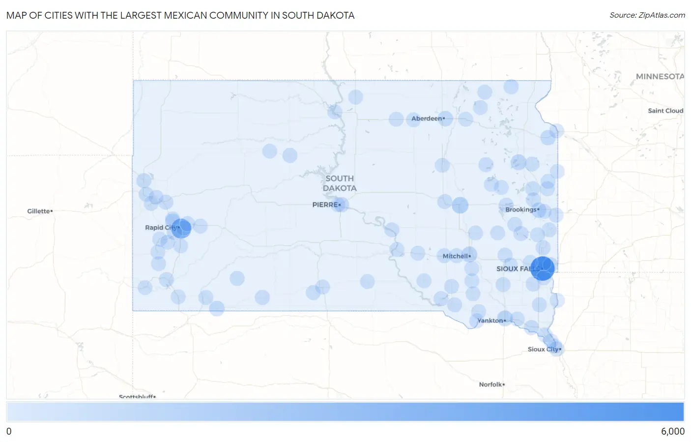 Cities with the Largest Mexican Community in South Dakota Map