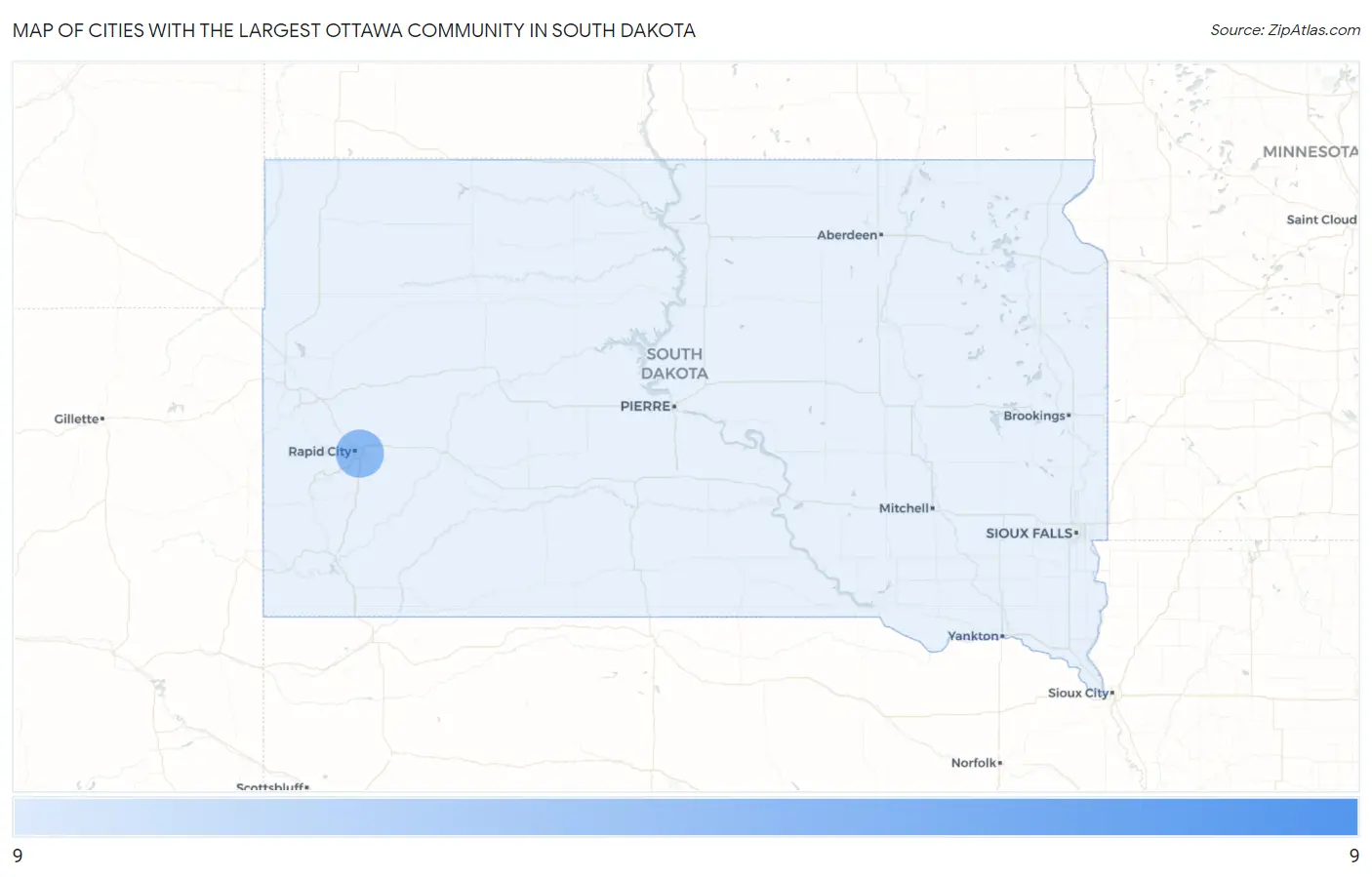 Cities with the Largest Ottawa Community in South Dakota Map