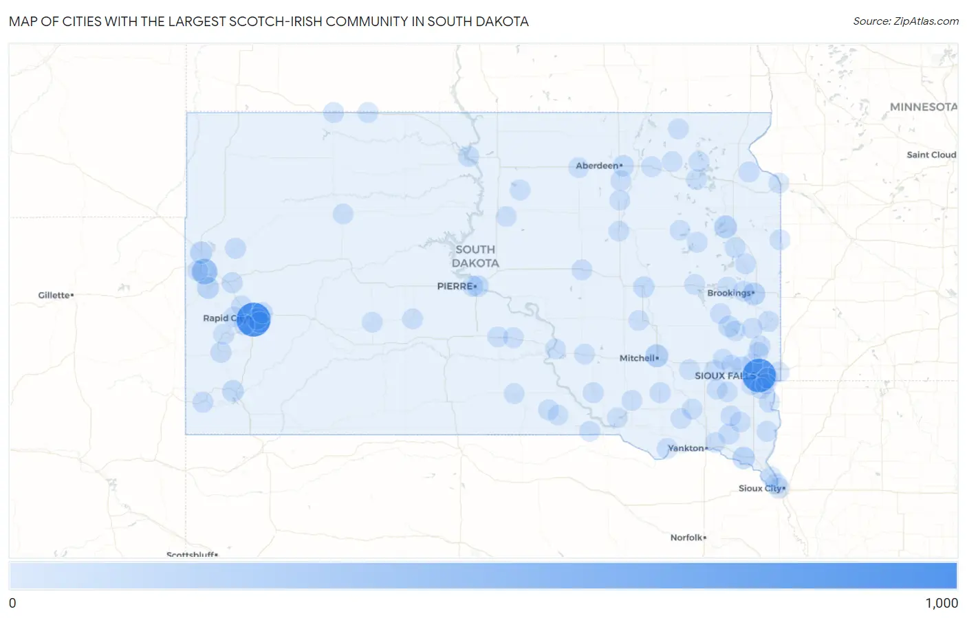 Cities with the Largest Scotch-Irish Community in South Dakota Map