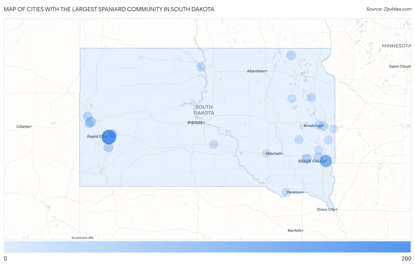 Cities with the Largest Spaniard Community in South Dakota Map