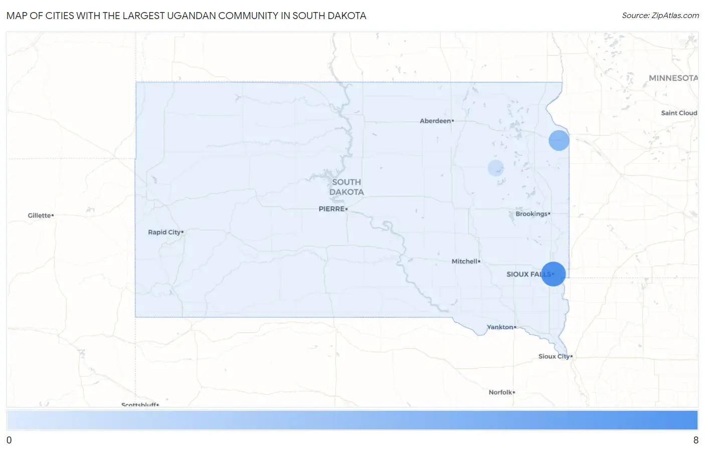 Cities with the Largest Ugandan Community in South Dakota Map
