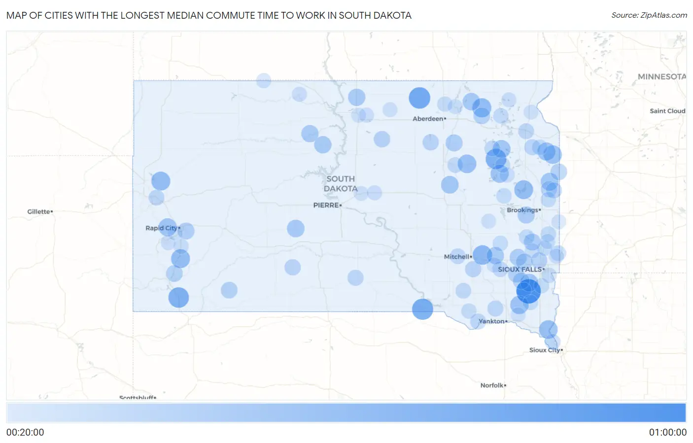 Cities with the Longest Median Commute Time to Work in South Dakota Map