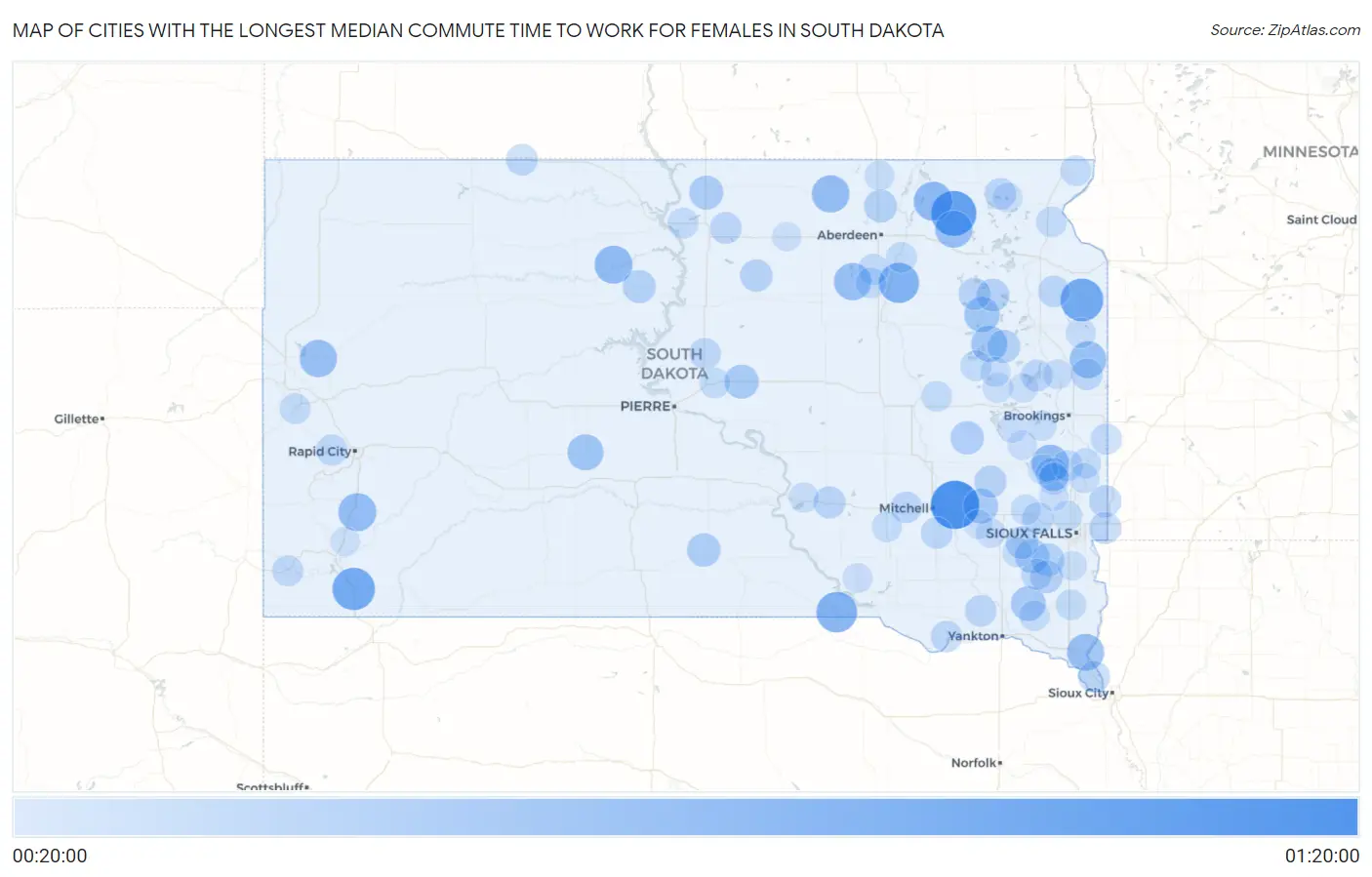 Cities with the Longest Median Commute Time to Work for Females in South Dakota Map