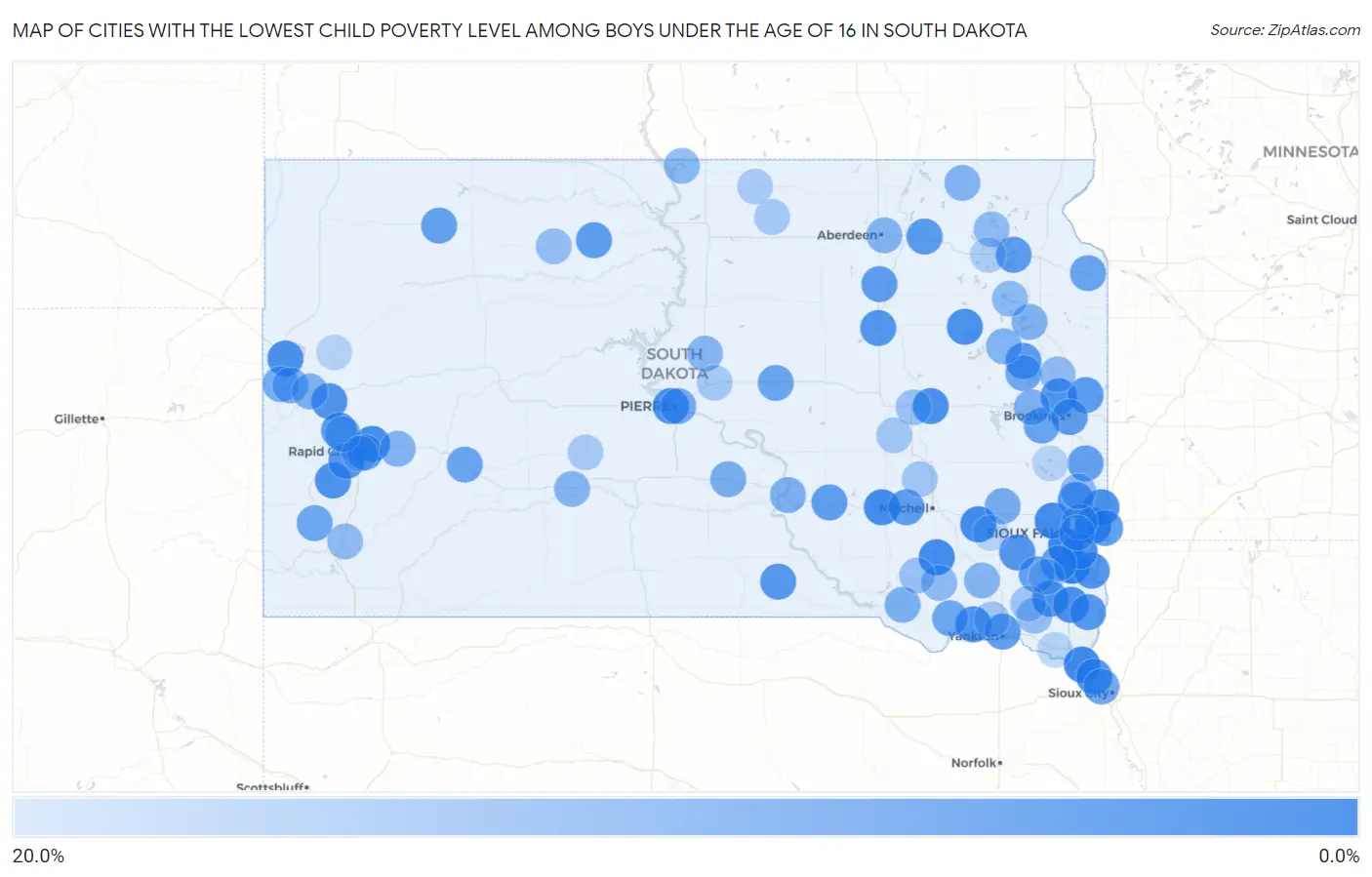 Cities with the Lowest Child Poverty Level Among Boys Under the Age of 16 in South Dakota Map