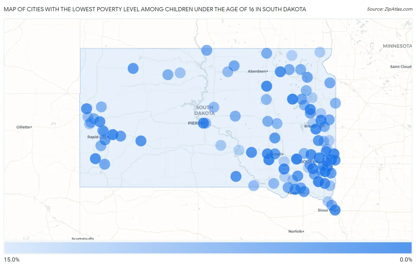 Cities with the Lowest Poverty Level Among Children Under the Age of 16 in South Dakota Map