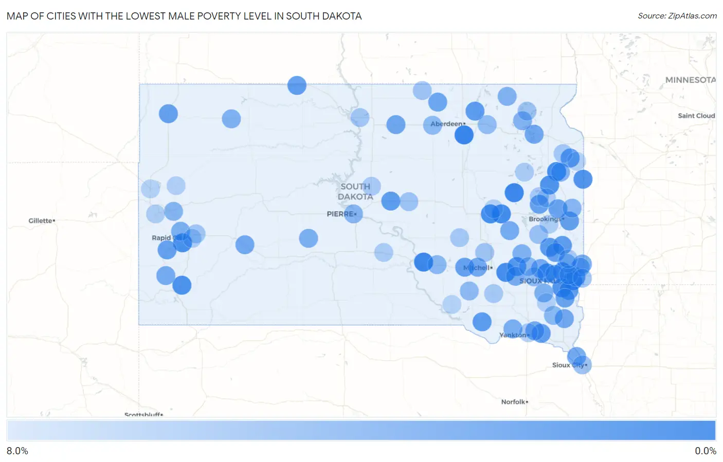 Cities with the Lowest Male Poverty Level in South Dakota Map