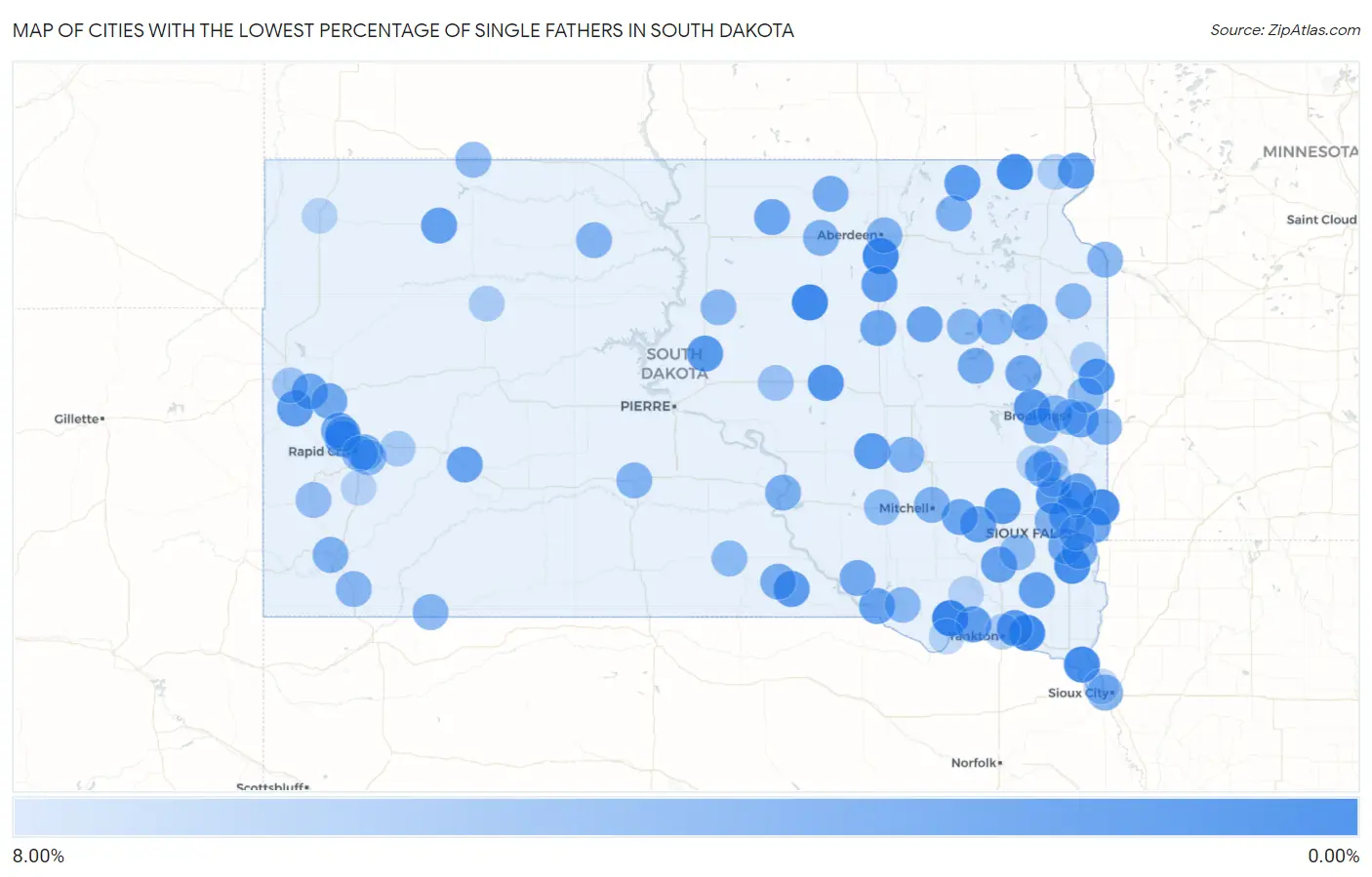 Cities with the Lowest Percentage of Single Fathers in South Dakota Map