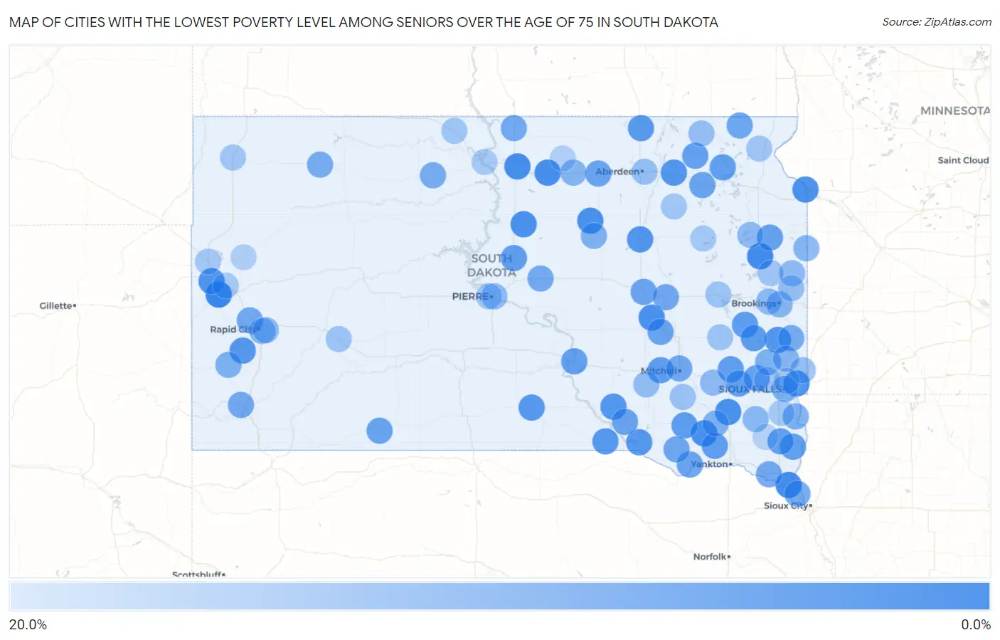 Cities with the Lowest Poverty Level Among Seniors Over the Age of 75 in South Dakota Map