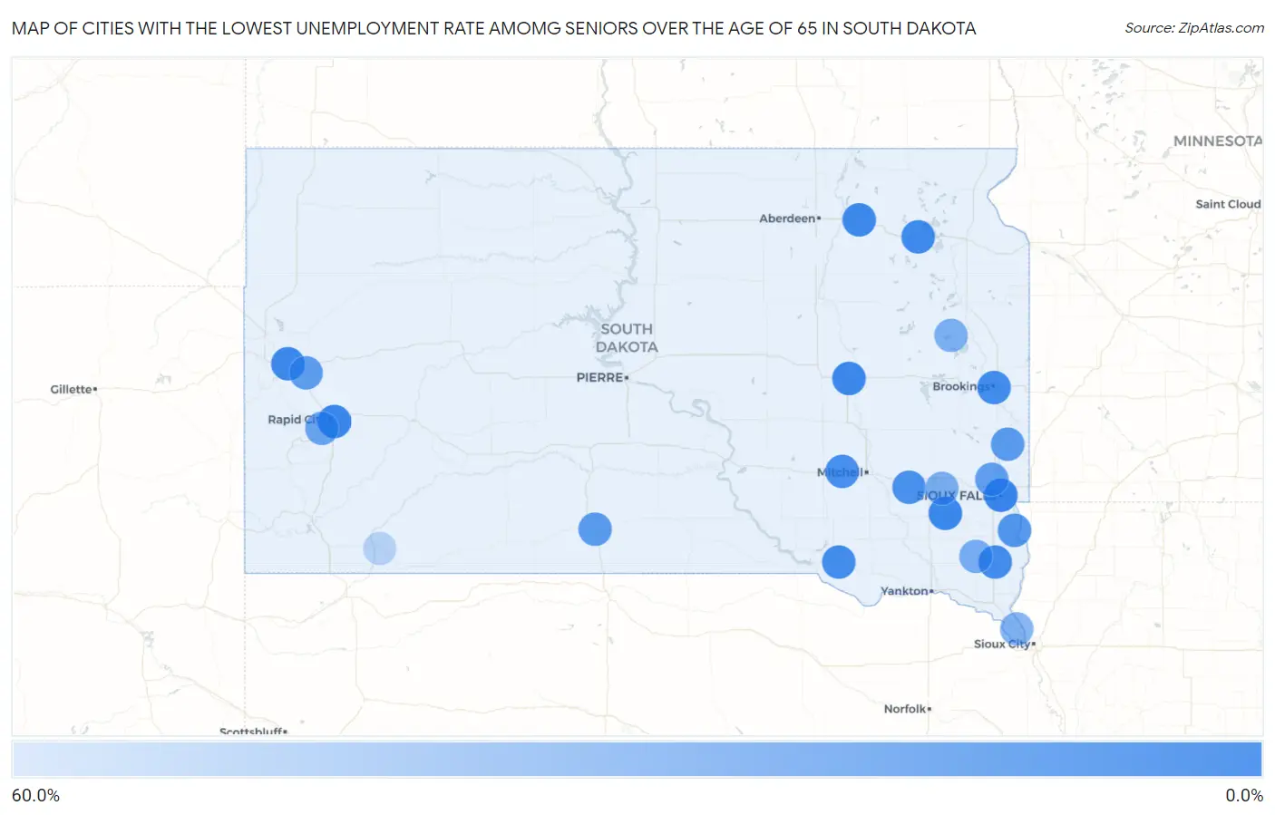 Cities with the Lowest Unemployment Rate Amomg Seniors Over the Age of 65 in South Dakota Map
