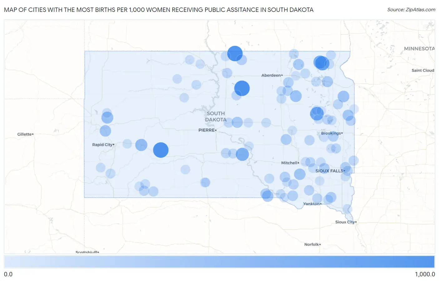 Cities with the Most Births per 1,000 Women Receiving Public Assitance in South Dakota Map