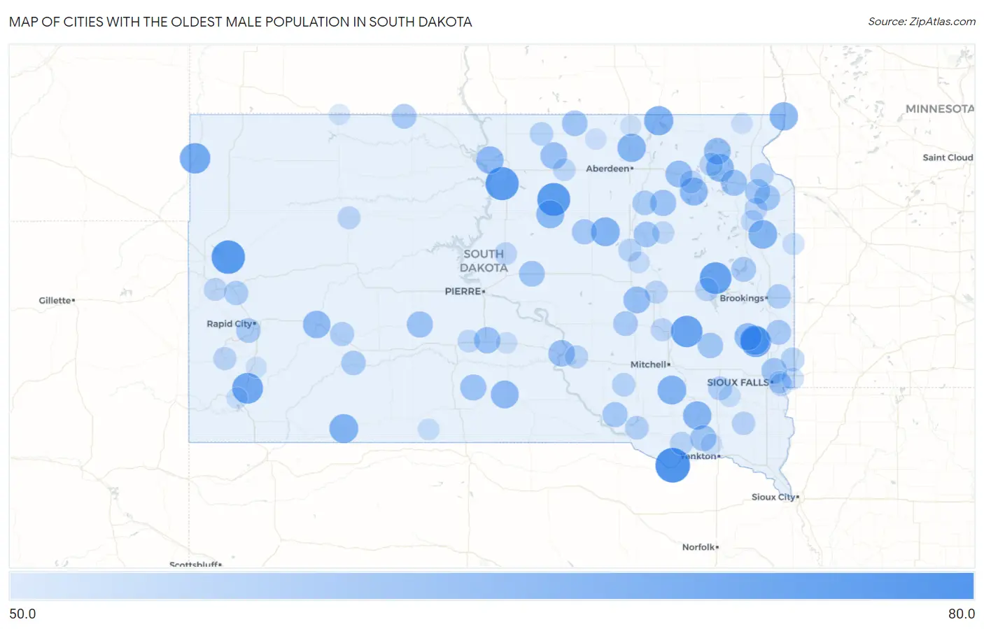 Cities with the Oldest Male Population in South Dakota Map