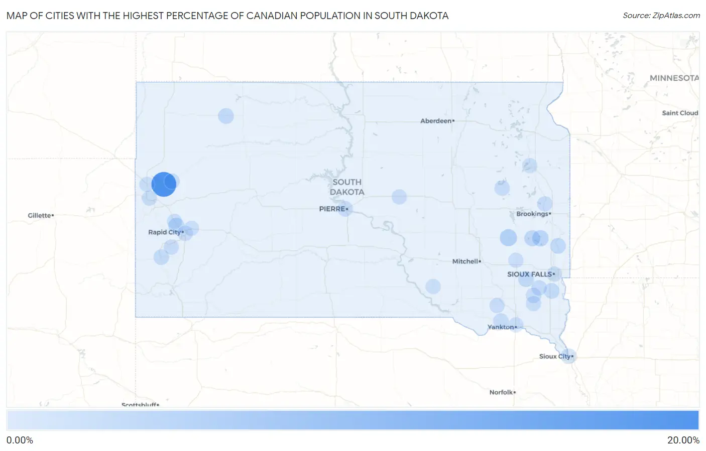 Cities with the Highest Percentage of Canadian Population in South Dakota Map