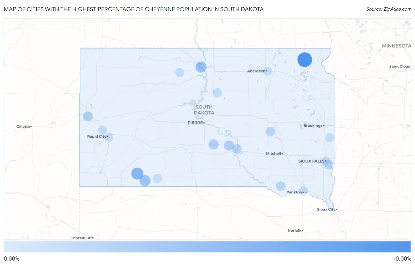 Cities with the Highest Percentage of Cheyenne Population in South Dakota Map