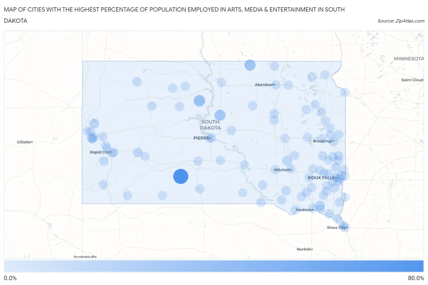 Cities with the Highest Percentage of Population Employed in Arts, Media & Entertainment in South Dakota Map