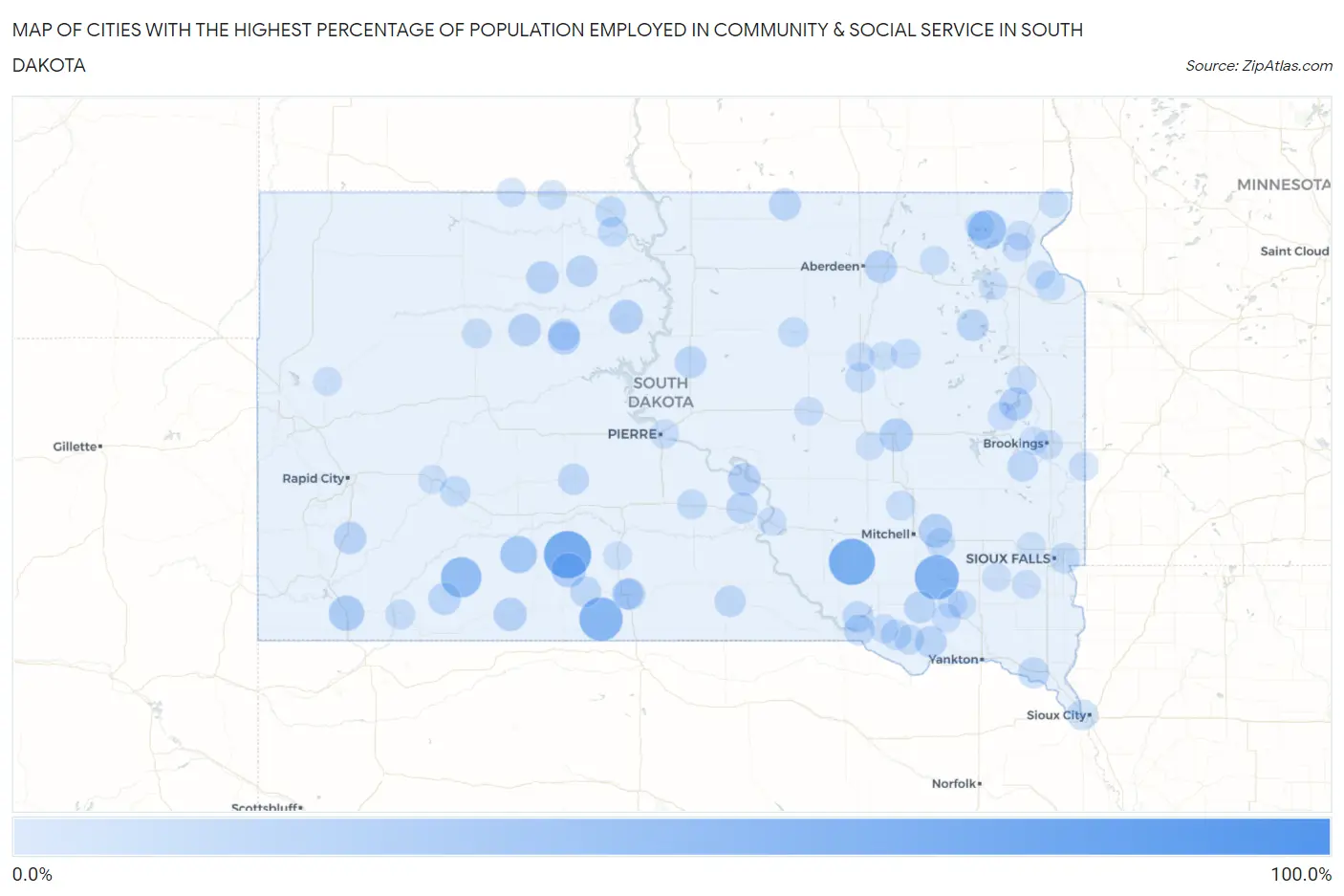 Cities with the Highest Percentage of Population Employed in Community & Social Service  in South Dakota Map