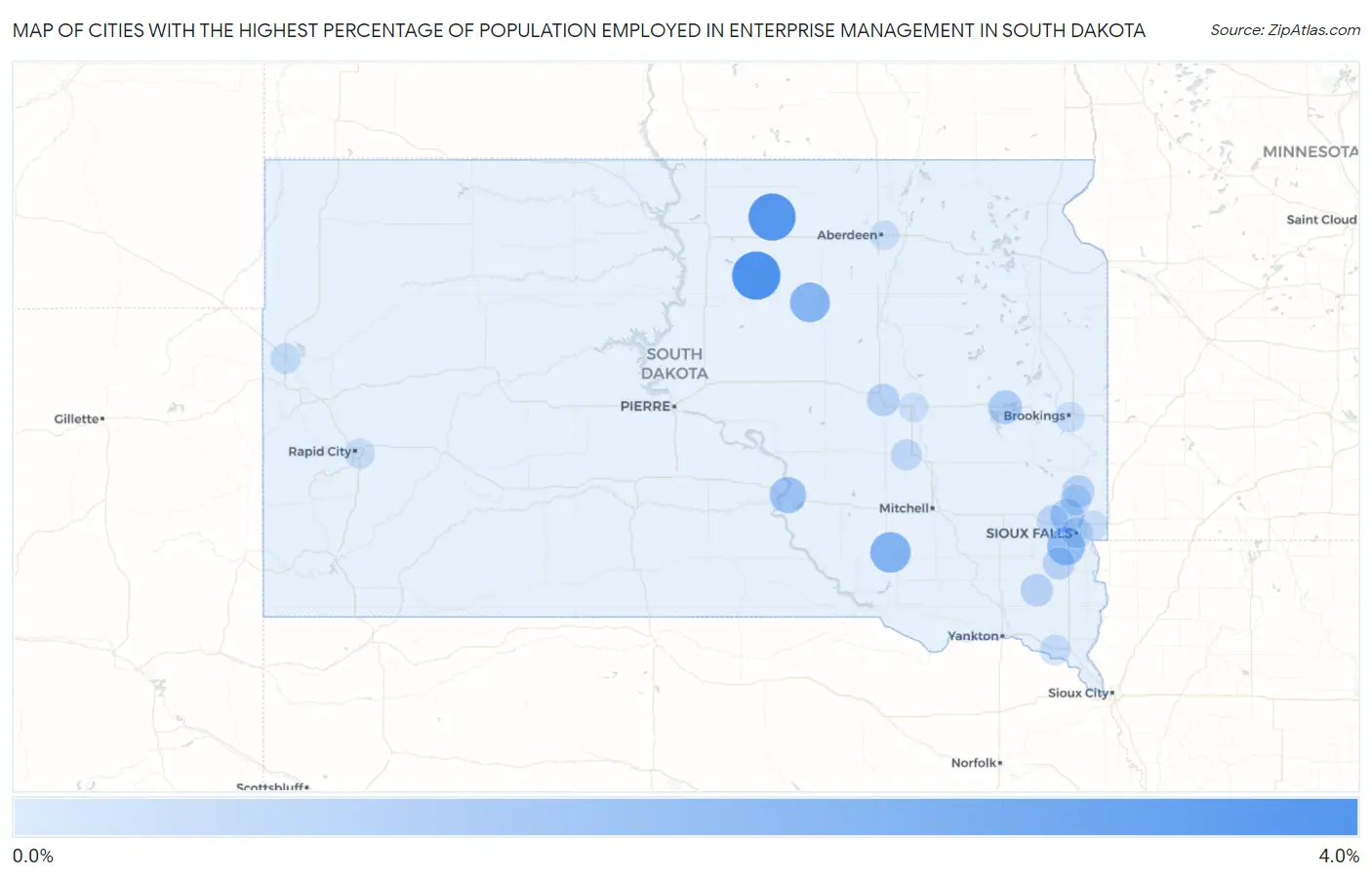 Cities with the Highest Percentage of Population Employed in Enterprise Management in South Dakota Map