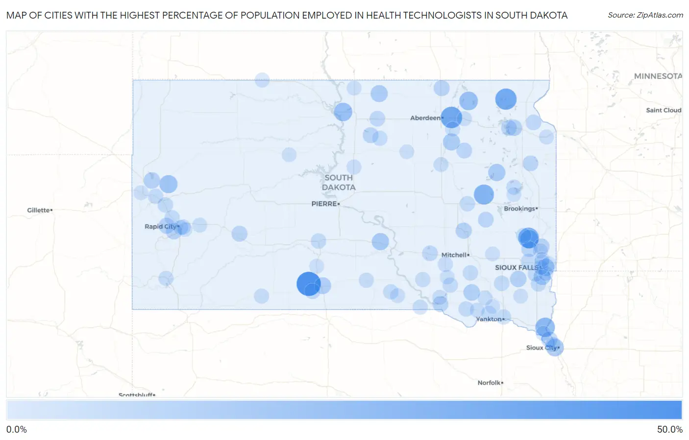 Cities with the Highest Percentage of Population Employed in Health Technologists in South Dakota Map
