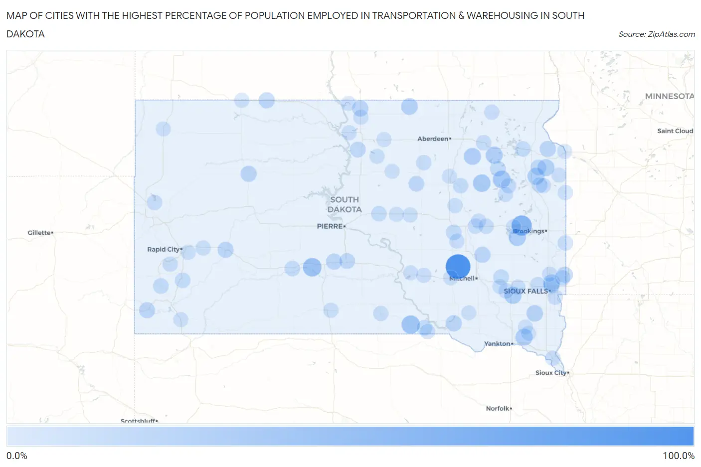 Cities with the Highest Percentage of Population Employed in Transportation & Warehousing in South Dakota Map