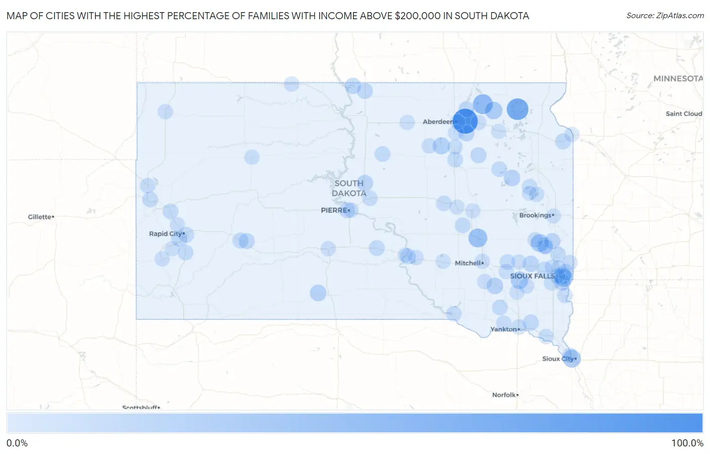 Cities with the Highest Percentage of Families with Income Above $200,000 in South Dakota Map