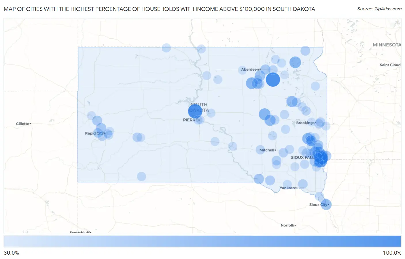 Cities with the Highest Percentage of Households with Income Above $100,000 in South Dakota Map