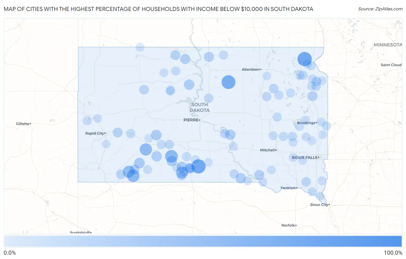 Cities with the Highest Percentage of Households with Income Below $10,000 in South Dakota Map