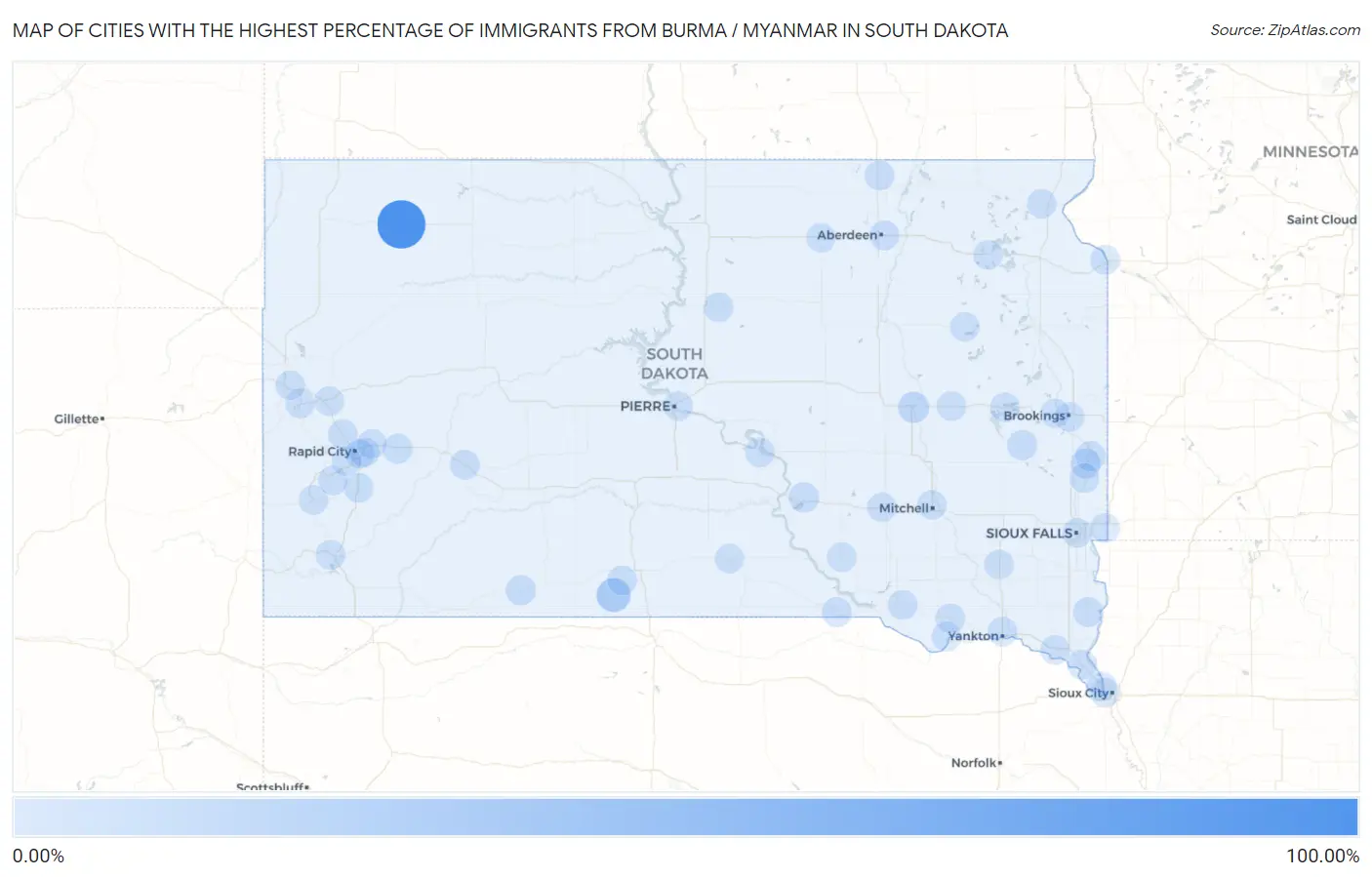 Cities with the Highest Percentage of Immigrants from Burma / Myanmar in South Dakota Map