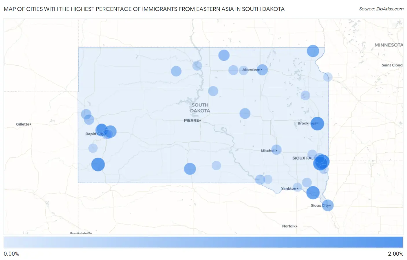 Cities with the Highest Percentage of Immigrants from Eastern Asia in South Dakota Map