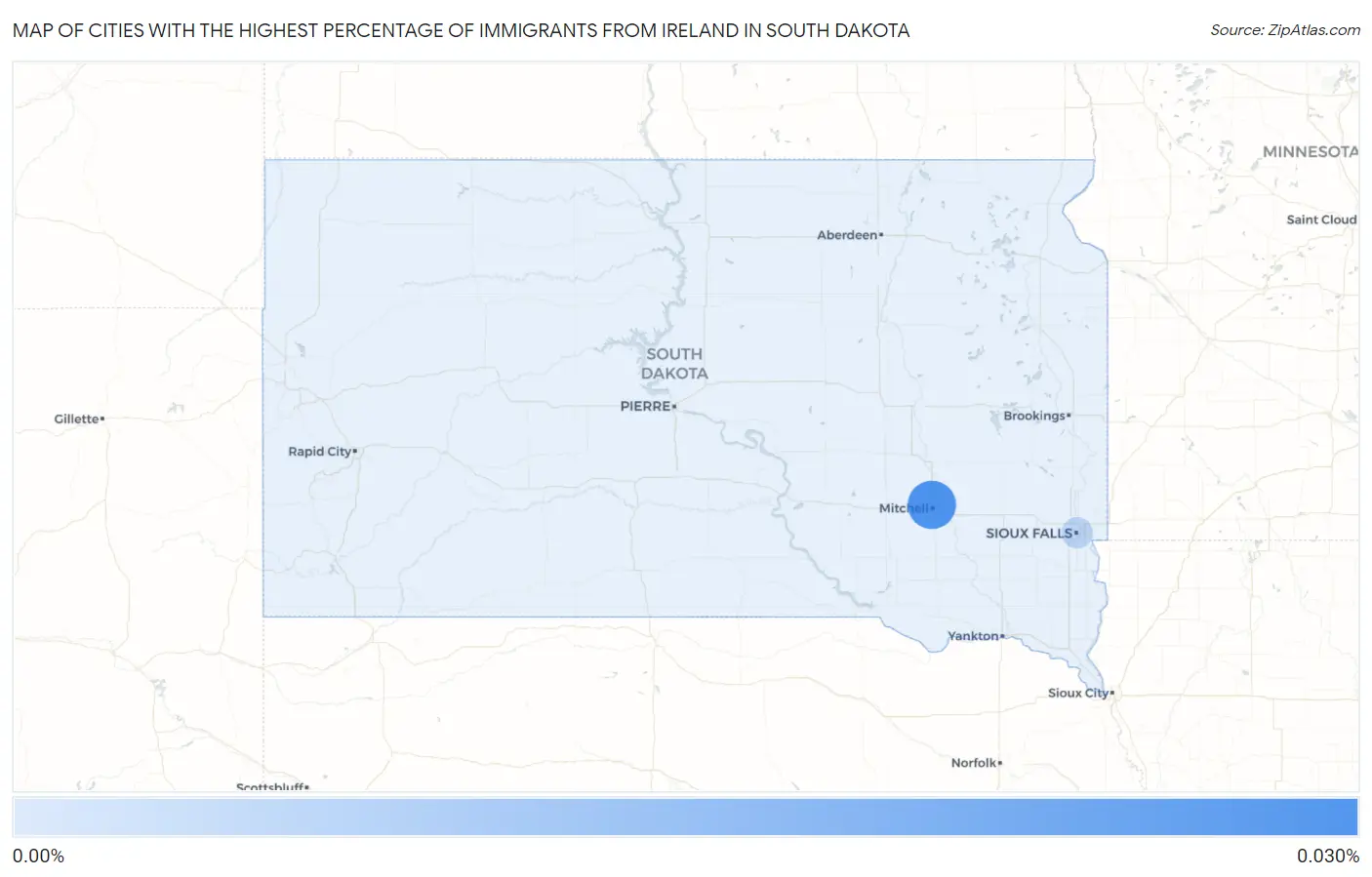 Cities with the Highest Percentage of Immigrants from Ireland in South Dakota Map