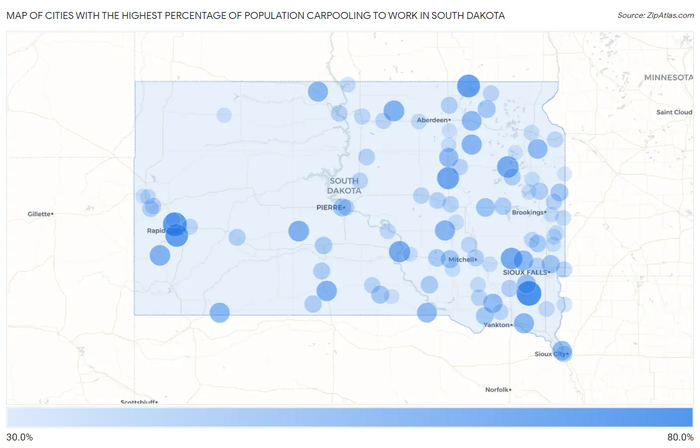 Cities with the Highest Percentage of Population Carpooling to Work in South Dakota Map