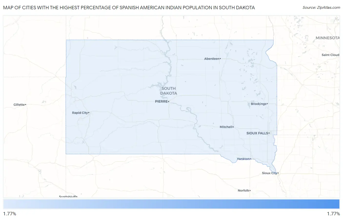 Cities with the Highest Percentage of Spanish American Indian Population in South Dakota Map