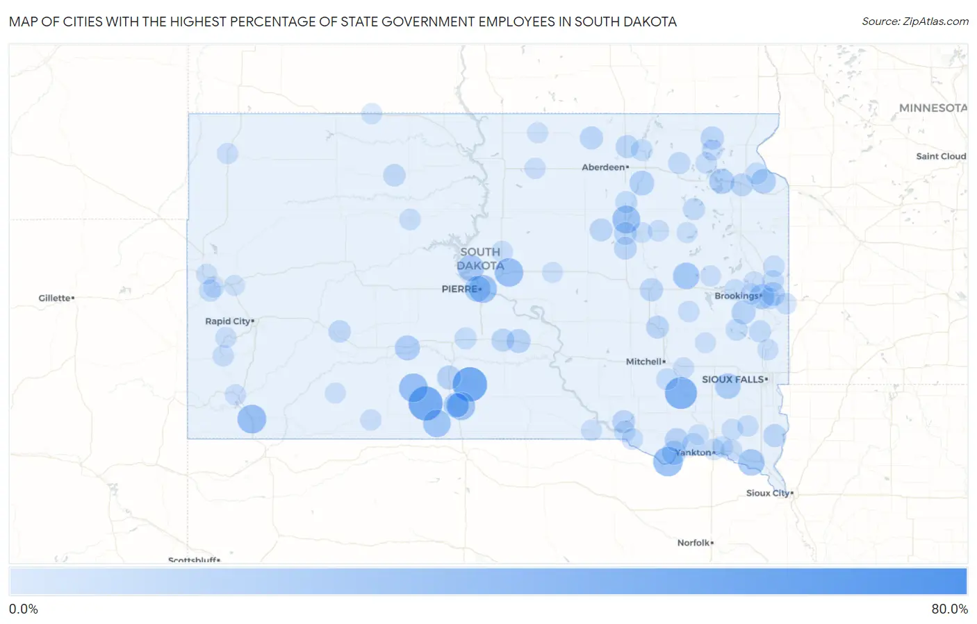 Cities with the Highest Percentage of State Government Employees in South Dakota Map