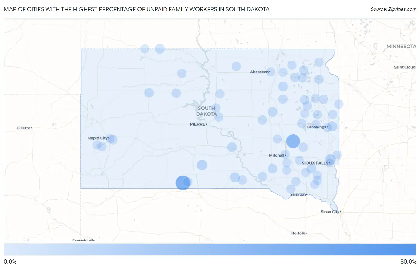 Cities with the Highest Percentage of Unpaid Family Workers in South Dakota Map