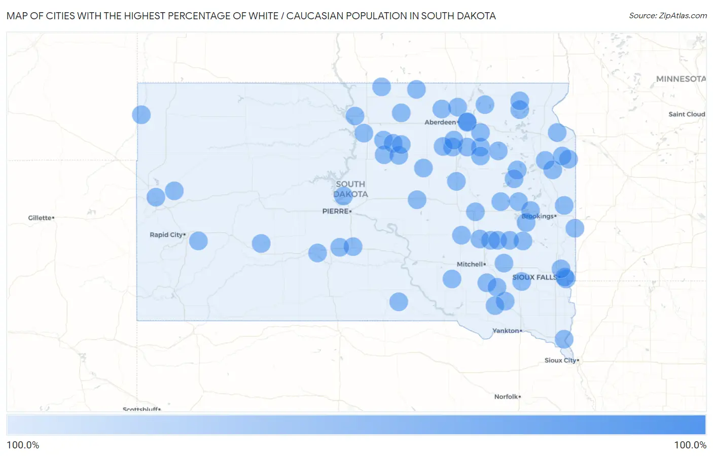Cities with the Highest Percentage of White / Caucasian Population in South Dakota Map