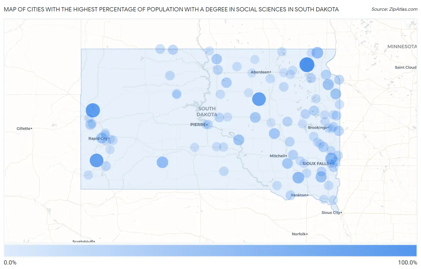 Cities with the Highest Percentage of Population with a Degree in Social Sciences in South Dakota Map