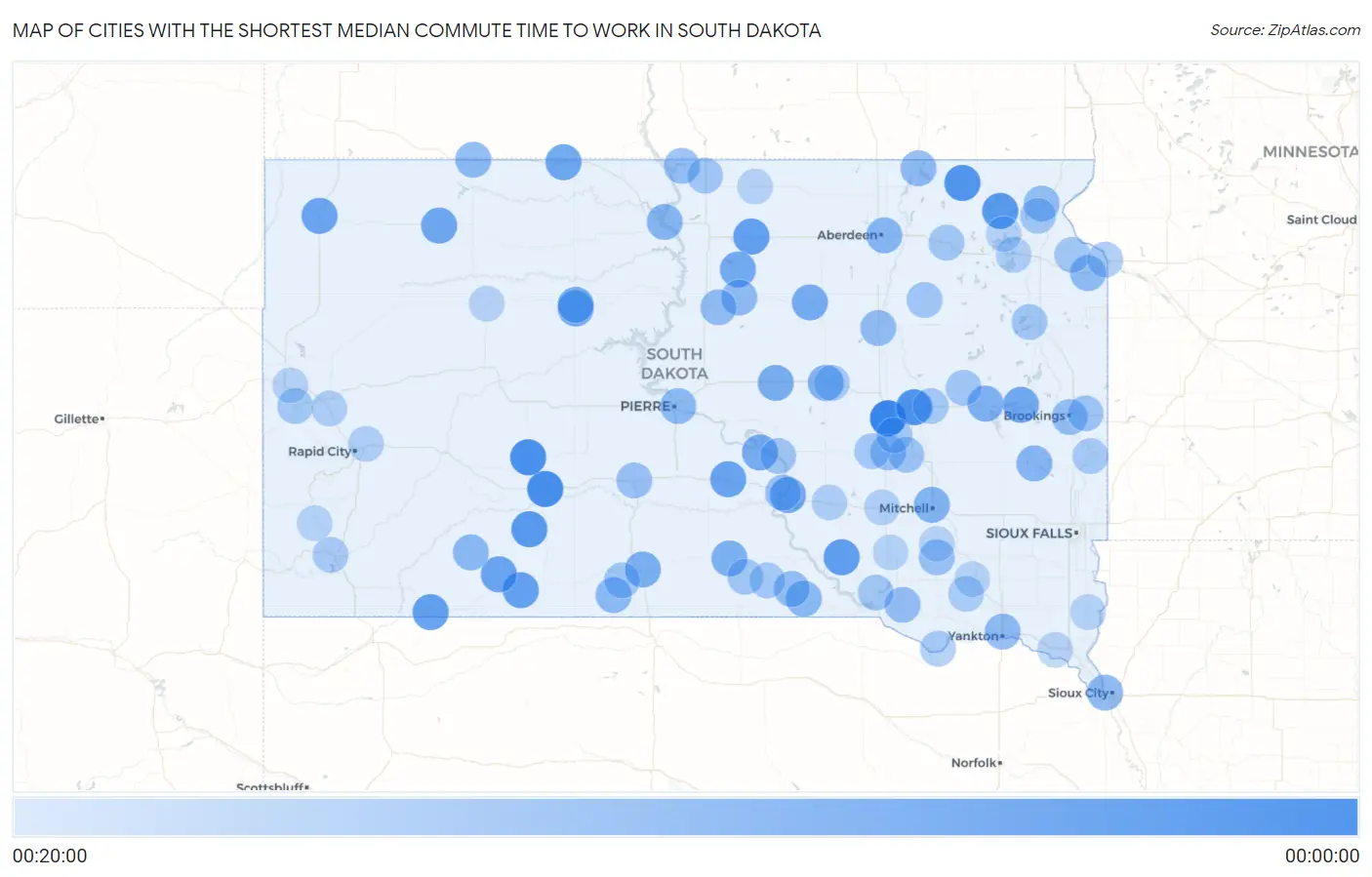 Cities with the Shortest Median Commute Time to Work in South Dakota Map