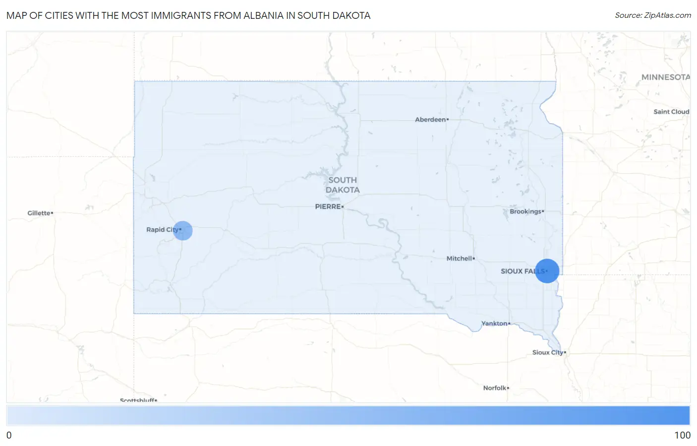 Cities with the Most Immigrants from Albania in South Dakota Map