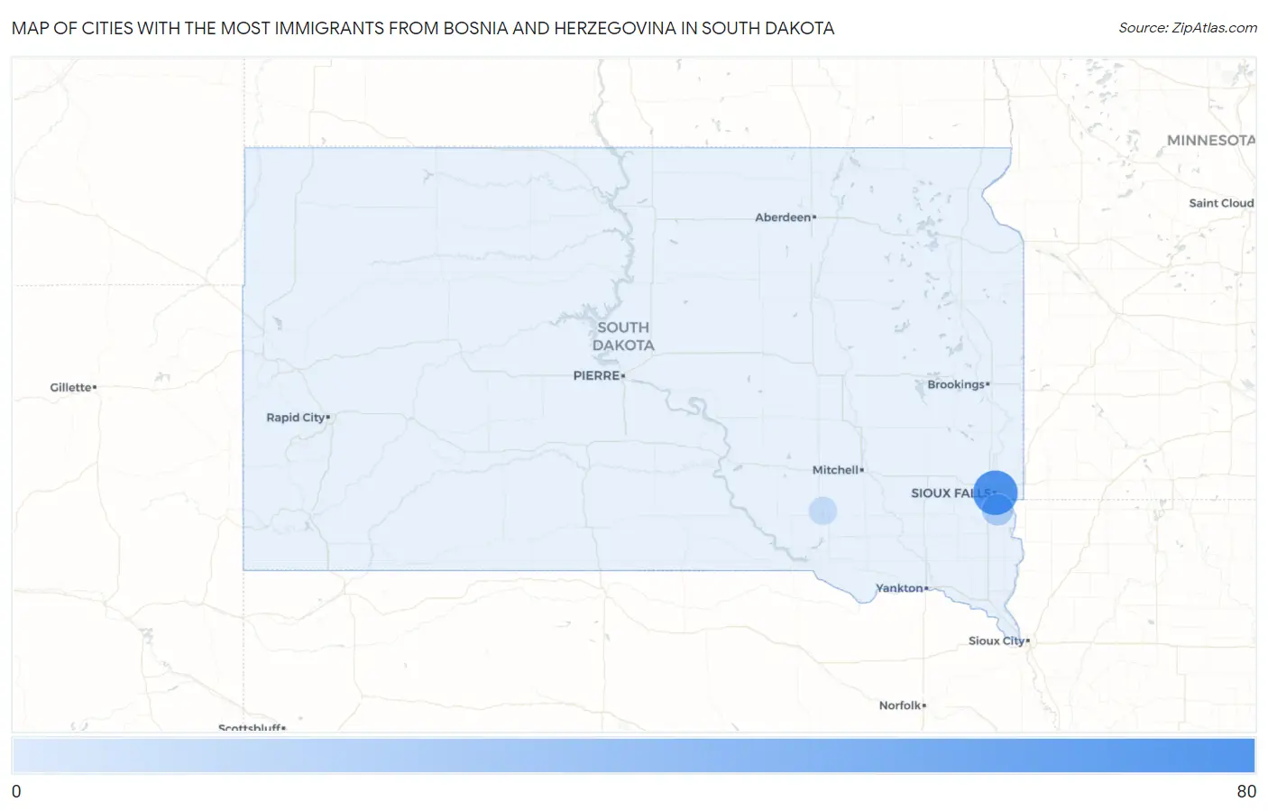 Cities with the Most Immigrants from Bosnia and Herzegovina in South Dakota Map