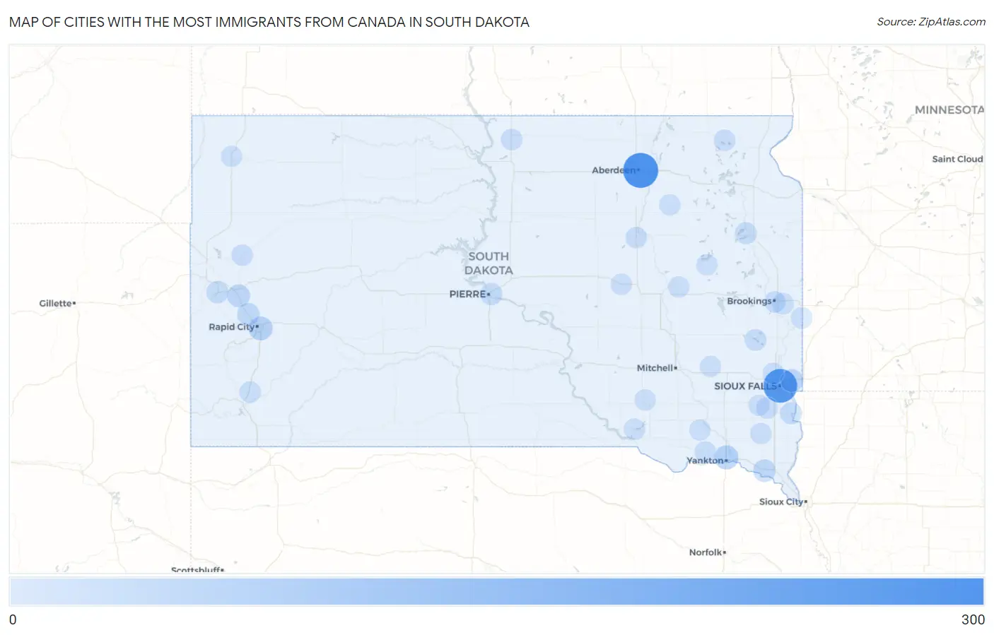Cities with the Most Immigrants from Canada in South Dakota Map