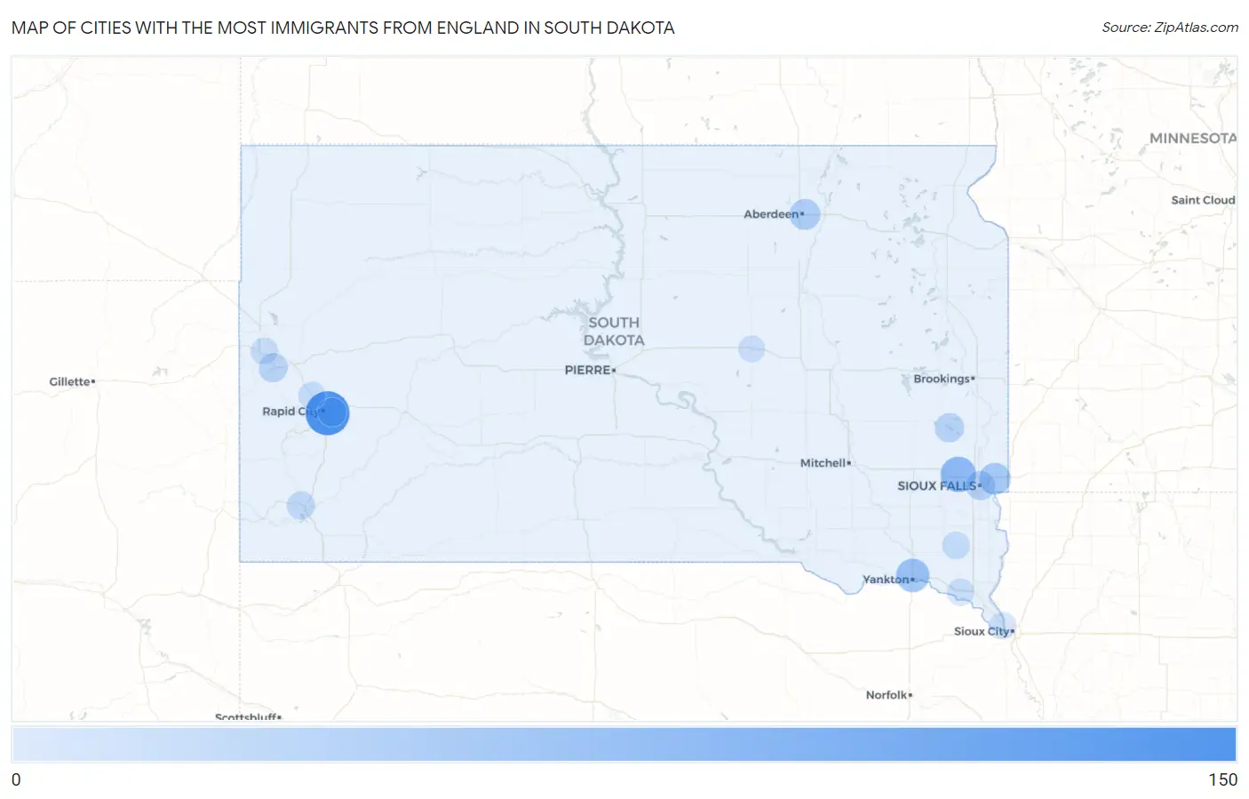 Cities with the Most Immigrants from England in South Dakota Map