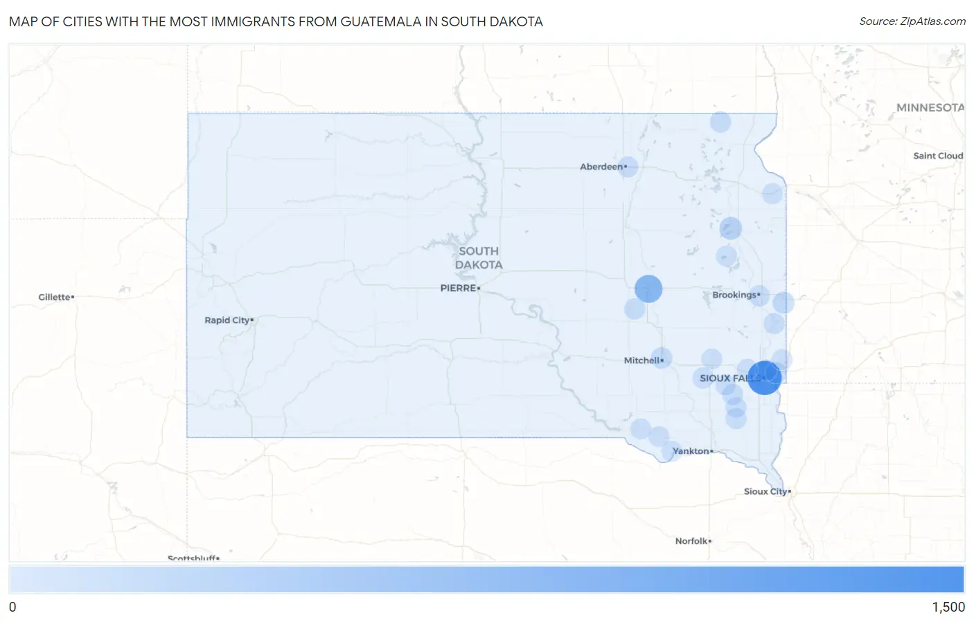 Cities with the Most Immigrants from Guatemala in South Dakota Map