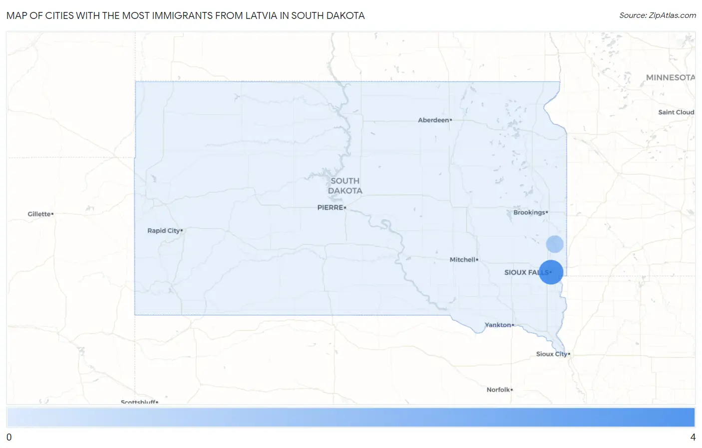 Cities with the Most Immigrants from Latvia in South Dakota Map