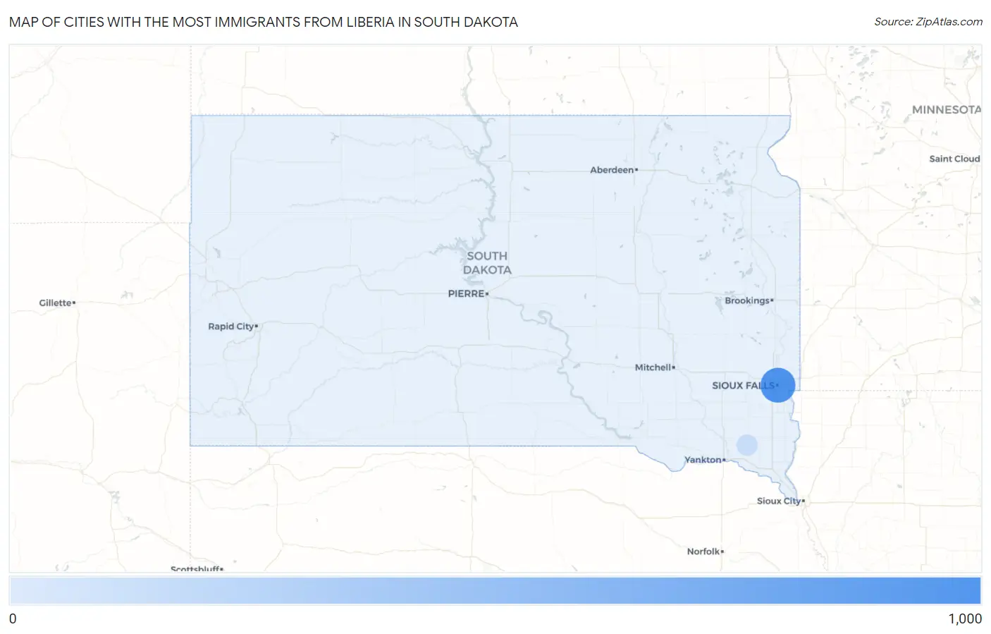 Cities with the Most Immigrants from Liberia in South Dakota Map