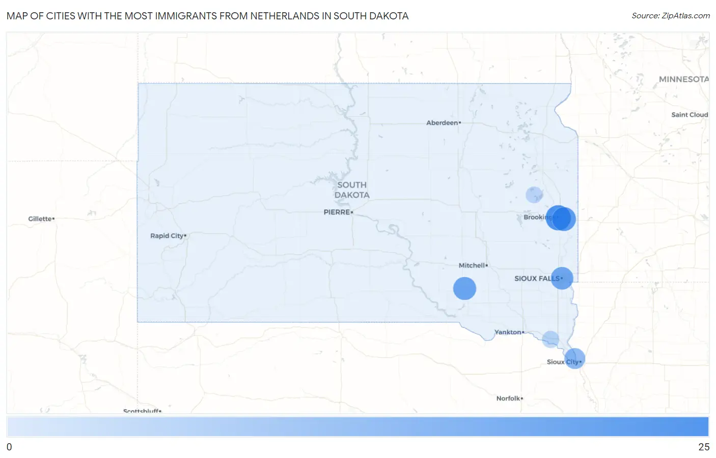 Cities with the Most Immigrants from Netherlands in South Dakota Map