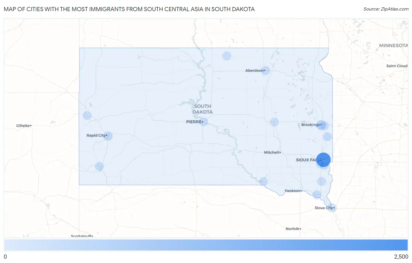 Cities with the Most Immigrants from South Central Asia in South Dakota Map